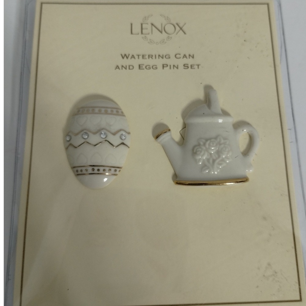 Lenox Watering Can‎ and Egg Pin Set Ivory China 24k Gold Accents Easter Brooches